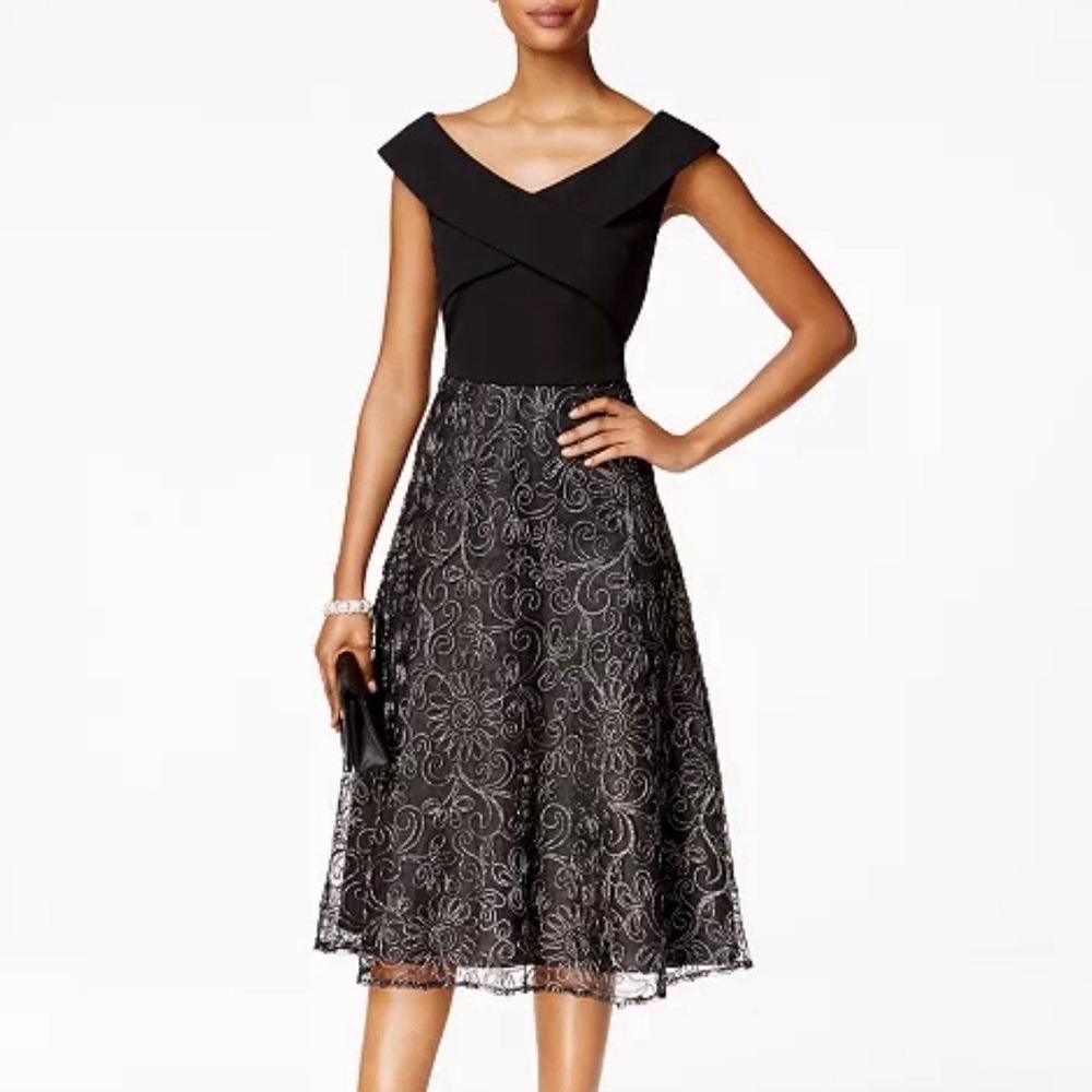 Alex Evenings Black Silver Metallic  Floral Mesh Sleeveless Flare Dress Size 18W